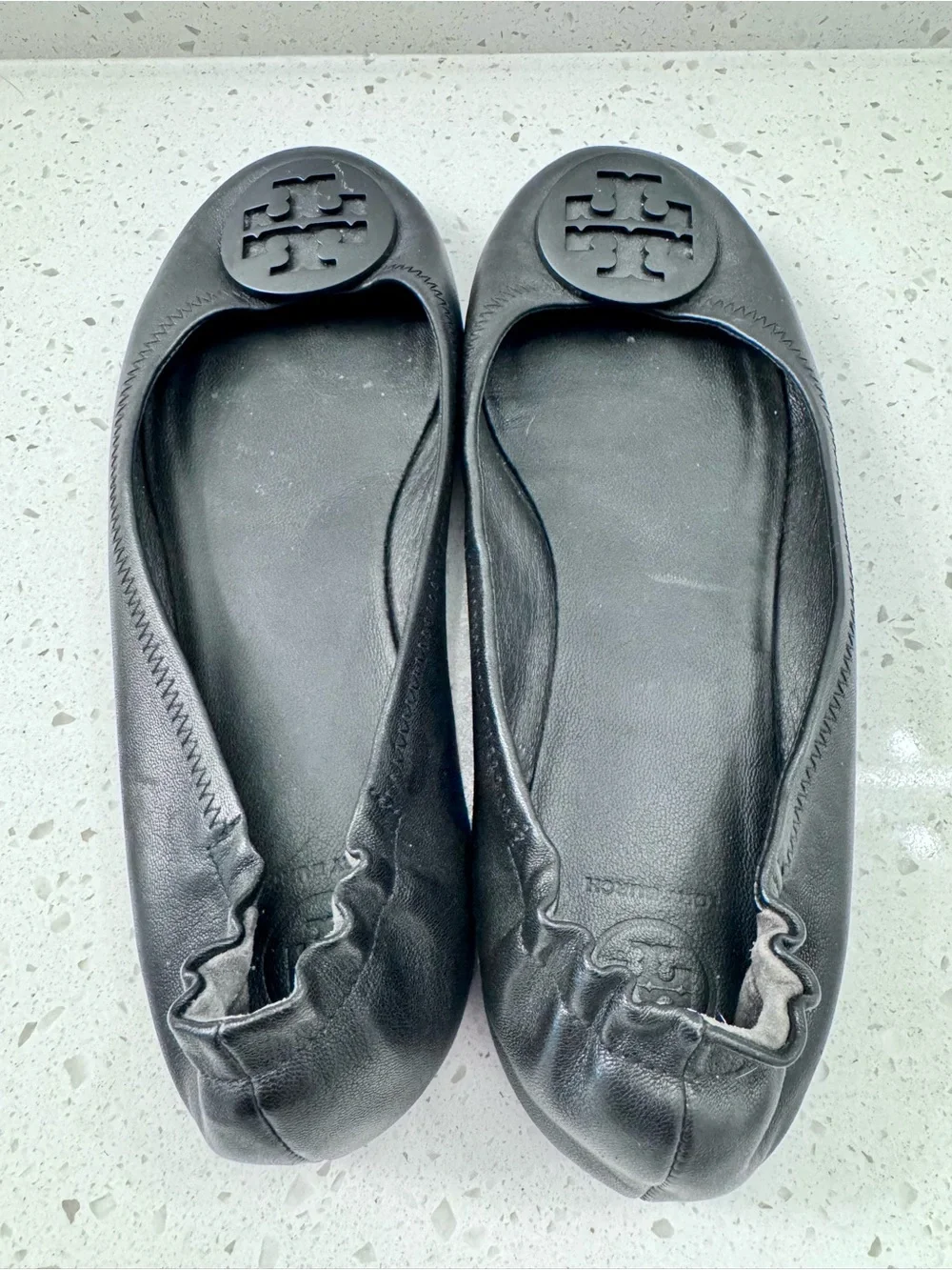 Tory Burch Black Leather Logo Ballet Flats